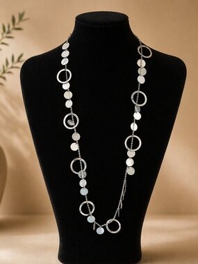 Silver Disc & Ring Long Necklace - Women Jewelry